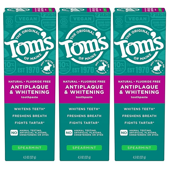 Tom’s of Maine Antiplaque and Whitening Fluoride Free Toothpaste, Spearmint 3-Pack