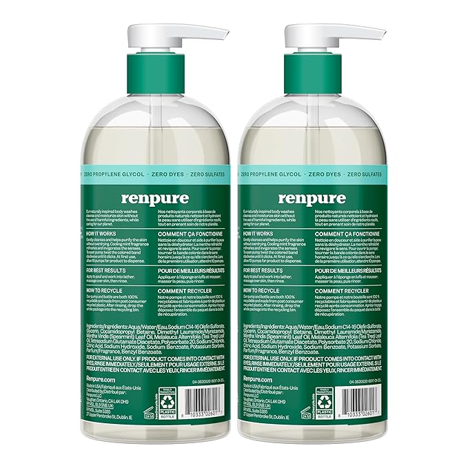RENPURE Tea Tree & Mint Body Wash - Cleanses, Invigorates & Refreshes Skin Without Over-Drying - For All Skin Types - Tea Tree Leaf Oil, Spearmint Leaf Oil - 24 Fl Oz each,2 Count (Pack of 2)