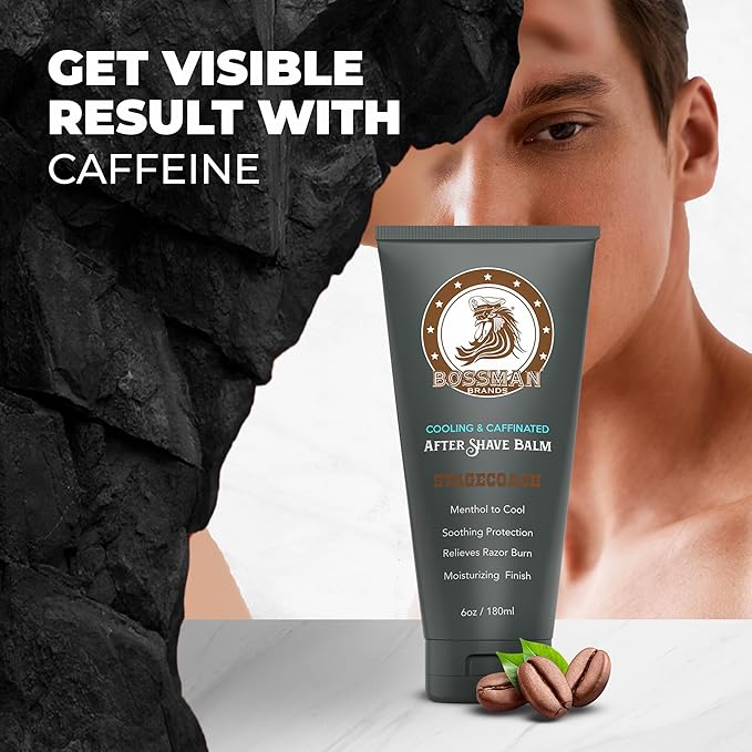 Bossman Cooling & Caffeinated After Shave Balm for Men – Soothes & Protects with Menthol, Caffeine & Tea Tree – Stagecoach Scent