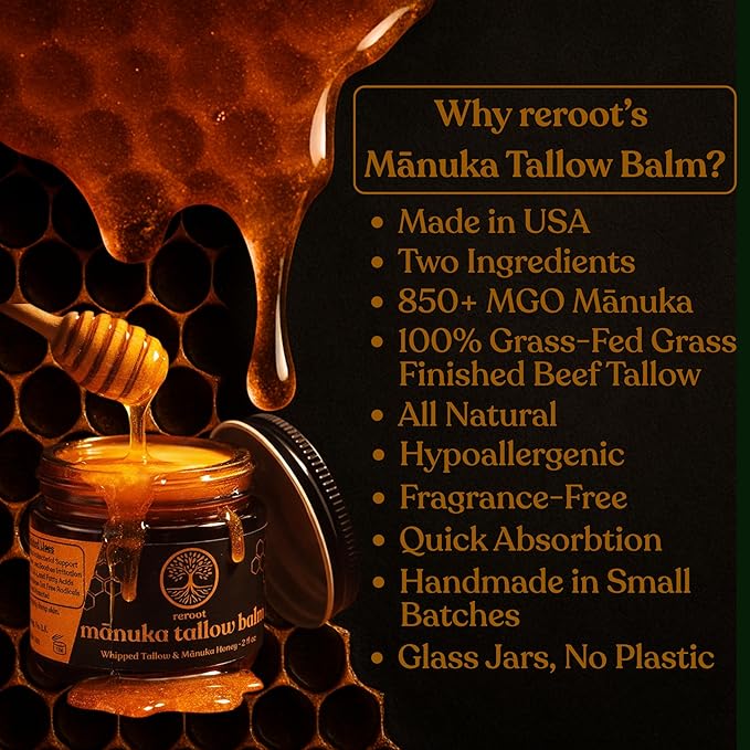 Manuka Honey Beef Tallow for Skin ~2 INGREDIENTS~ 100% Grass-Fed Tallow and Honey Balm - Whipped & UNSCENTED Tallow Face Moisturizer - Hydrating Tallow Balm for Men, Women, Kids & Babies (2oz)