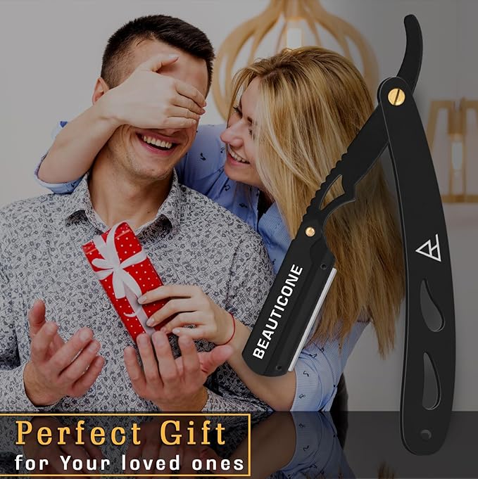 BEAUTICONE Straight Razors for Men, Straight Edge Razor, 100 SingleEdge Blades, Stainless Steel, Barber Razor for Men's Shaving, Barber Shaving Knife, Swinglock
