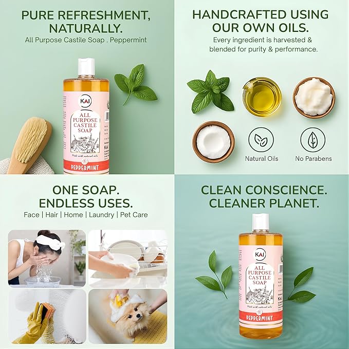 Liquid Peppermint Castile Soap; Concentrated and All-Purpose; Use for All Natural Body Wash, Face Cleanser, Hair Shampoo, Hands, Dishes, Laundry, Floors, and Pets; 32 Ounce (1 Pack)