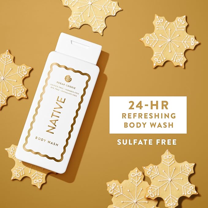 Native Body Wash, Holiday Edition, Sugar Cookie Scent, Contains Naturally Derived Ingredients | For Women & Men, Sulfate, Paraben, & Dye Free Leaving Skin Soft and Hydrated | 18 oz