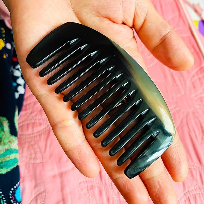 Buffalo Horn Comb – Natural Antistatic Hair and Beard Brush for Men and Women – Handmade Cow Horn Comb for Hair Care (3.55" wide tooth handleless)