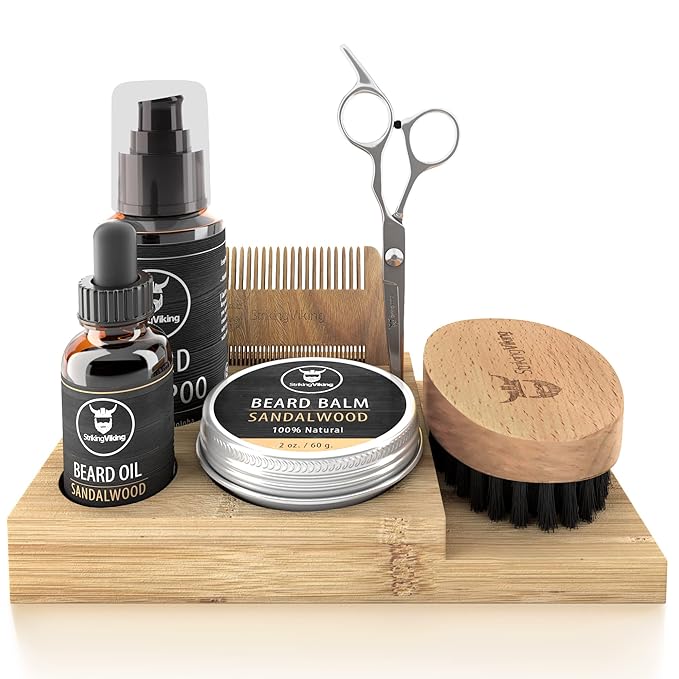 Striking Viking Beard Growth Kit - 7-Piece Set, Sandalwood - Softening Sandalwood Beard Oil & Balm - Brush with Mustache Comb & Scissors - Compact Caddy Organizer & Gifts for Men