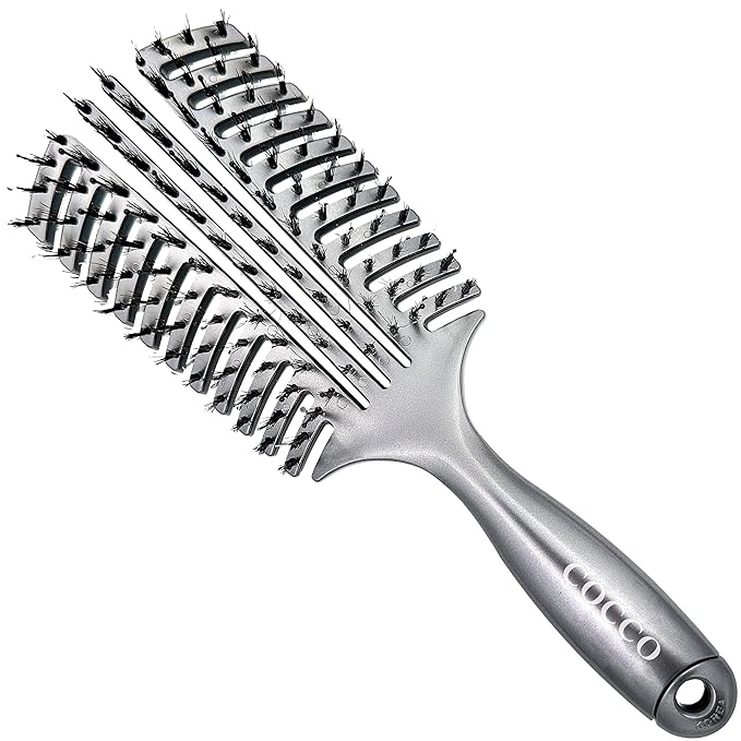 Cocco Vented Boar Brush, Curved Detangling & Styling Tool with Boar & Nylon Bristles, Silver