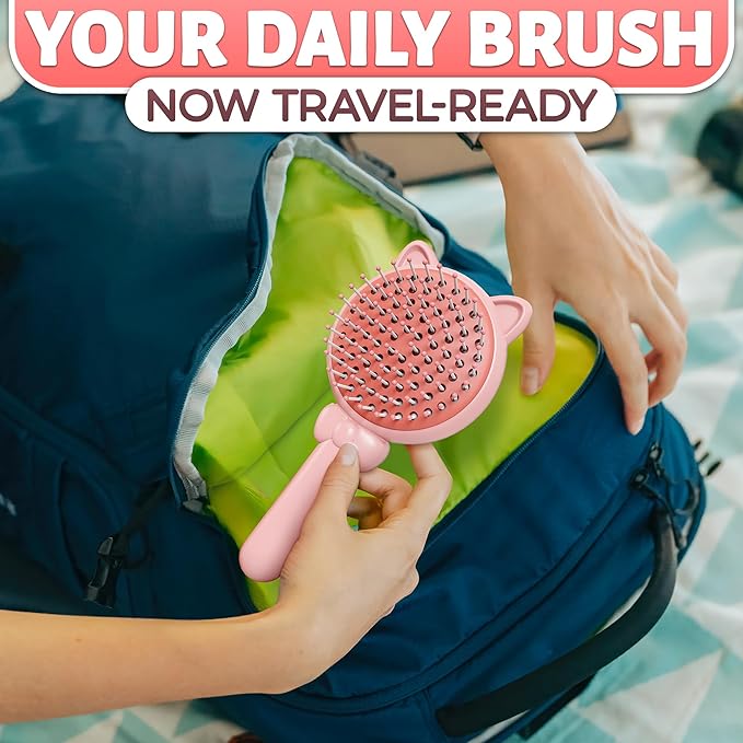 Retractable Hair Brush Pink Pig Designed - Compact 7.87 х 3.66 Inches Self Cleaning Hair Brush for Women with Magnetic Attach - Effective Detangling & Self Cleaning Hairbrushes with Soft Bristles