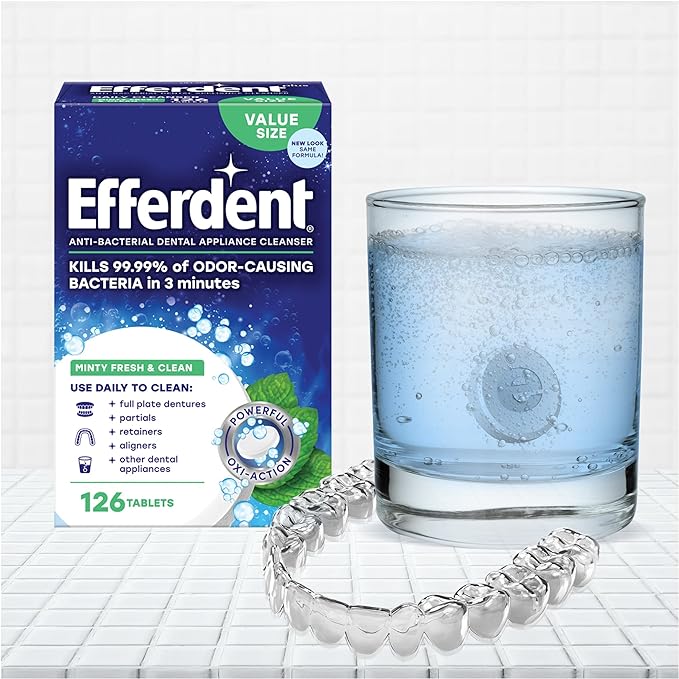 Efferdent Retainer Cleaning Tablets, Denture Cleaning Tablets for Dental Appliances, Minty Fresh & Clean, 126 Count (Pack of 2)