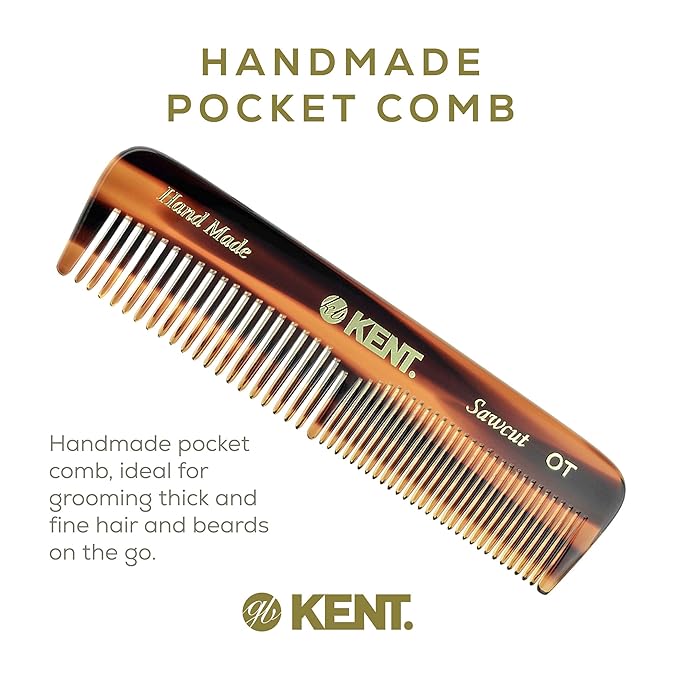 Kent OT Pocket Comb Set - 4.4" Fine Tooth and Wide Tooth Handmade Hair Combs for Men, Women, and Kids - Travel, Beard, and Mustache Grooming Combs, Saw Cut and Hand Polished