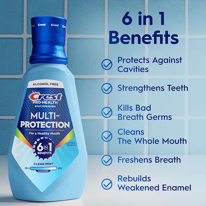 Crest Pro-Health Advanced Multi-Protection Mouthwash, Alcohol Free Mouthwash, Fresh Mint, 500 mL (16.9 Fl Oz), Pack of 4, Crest Mouthwash, Flouride Mouthwash