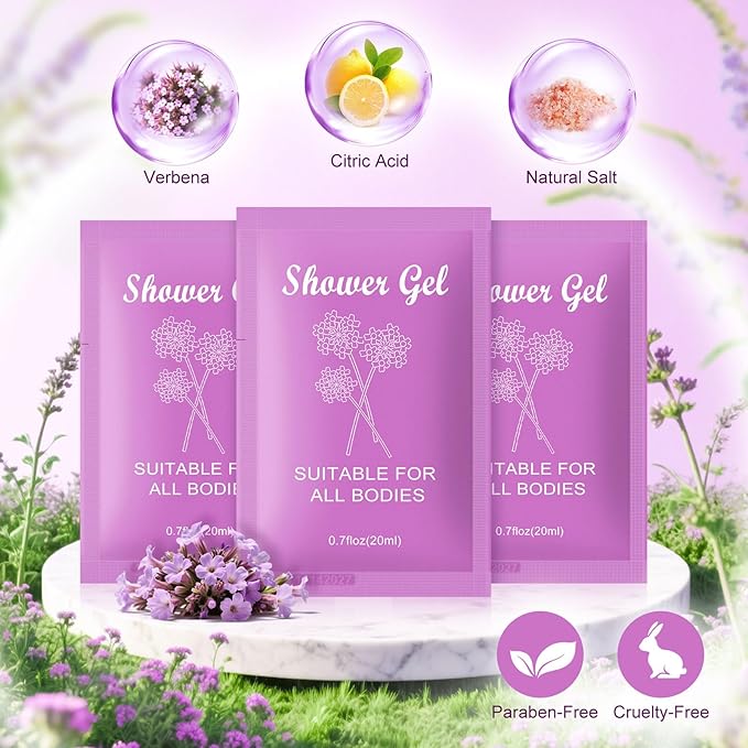 Travel Size Body Wash Bulk,0.7 fl oz (20ml) Small Size Mini body wash,Verbena Scent,Hotel Supplies Bulk for Guests Airbnbs Homes Resorts Offices and Gyms(pack of 50)