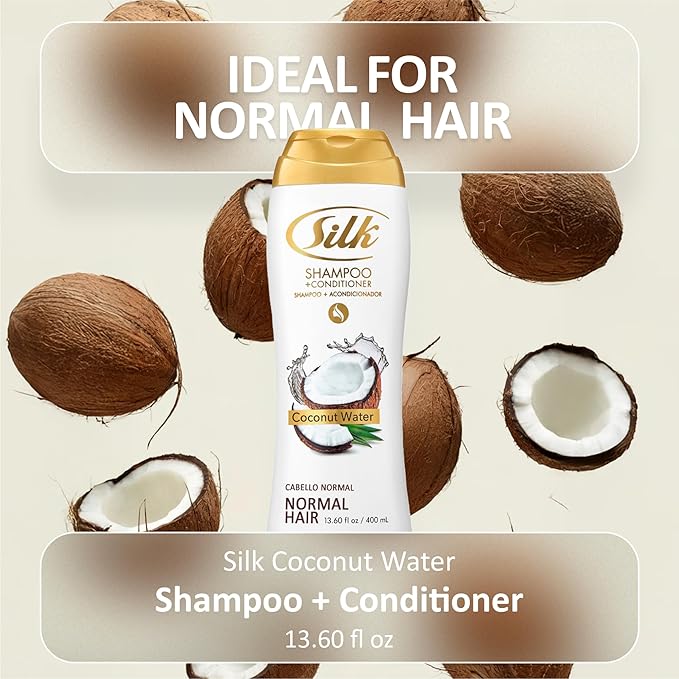SILK 2 in 1 Shampoo and Conditioner for Normal Hair – Moisturizing Wash with Coconut Oil – Anti-Frizz, Detangling & Smoothing for Men & Women – Coconut Water Scent, 13.6 fl oz