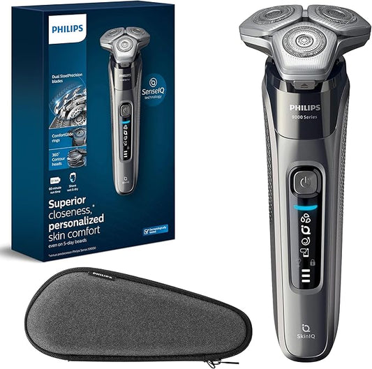 Philips Rechargeable Wet/Dry Electric Shaver Series 9000 with SenseIQ and Comfort Glide Ring Technology, Battery Powered, Silver
