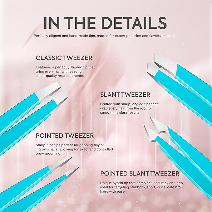 MARKHOR® Crystal Cyan Eyebrow Tweezers for Women Facial Hair, Splinter and Ingrown Hair Removal Tweezers Set, Professional Pointed and Slant Tweezers for Eyebrows, Precision Tweezers for Eyebrows