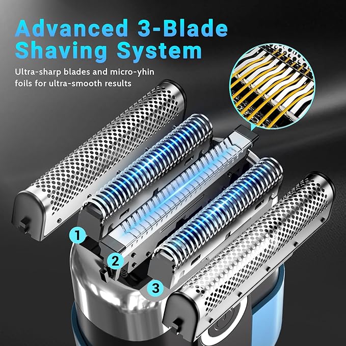 Electric Foil Shavers for Men: Mini Electric Razor, Foil Shaver for Face, IPX7 Waterproof Wet Dry Cordless Razor with 3 Floating Blades, LED Display for Travel & Home, USB Type C (Blue)