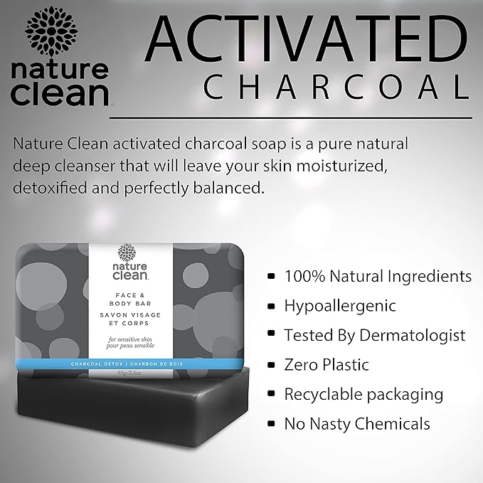 Nature Clean Activated Charcoal Soap for Face & Body Detox 3.5 oz (3-pack) Deep Moisturizing, Exfoliating & Cleansing Black Soap Acne Treatment, Eczema & Psoriasis. Sensitive Skin Cleanser