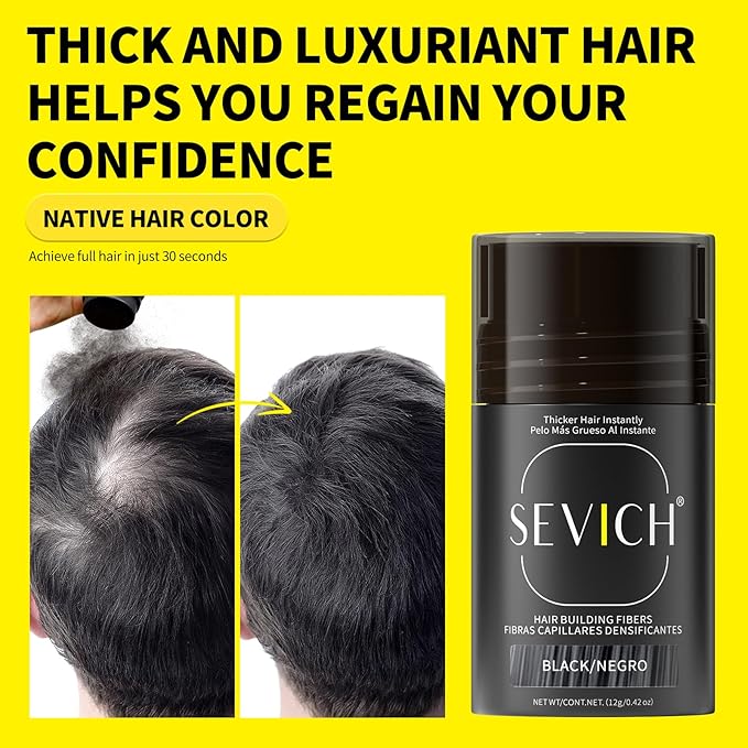 SEVICH Hair Fibers for Thinning Hair, Hair Building Fibers Instantly Thicker & Fuller Look,Hair Powder for Men & Women 12g Black