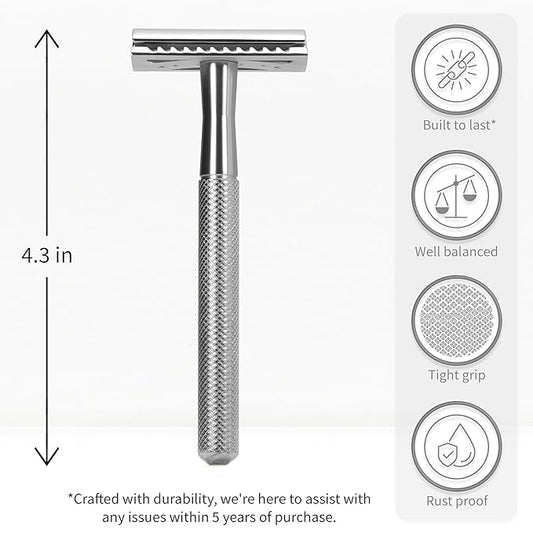 Bambaw Double Edge Safety Razor for Men & Women, Metal Razor with 5 Double Edge Safety Razor Blades, Eco-Friendly Razor – Silver