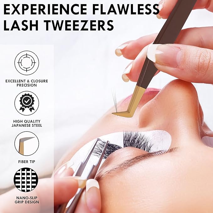 HADIZ Professional Eyelash Extension Tweezers Japanese Stainless Steel 45° & 90° Lash Tweezer for Precision Beauty Tools(Brown & Gold)