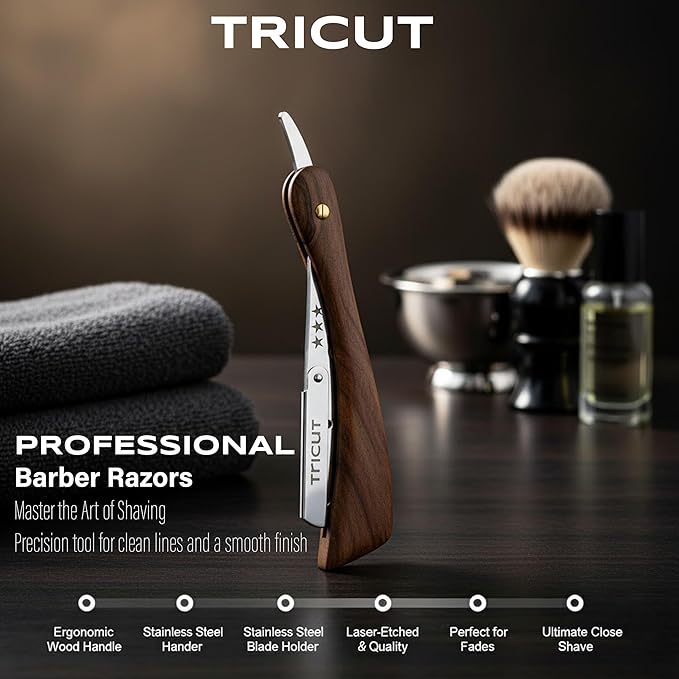 Professional Straight Razor with Wooden Handle Stainless Steel Blade Holder Barber Shaving Razor for Men Folding Shavette with Star Design Salon & Home Use