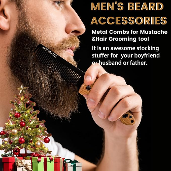 1PC Small Folding Pocket Beard & Mustache & Hair Styling Comb for Men - Metal Tactical Grooming Tool with Wooden Handle for Travel & Home Use - Idea for Stocking Stuffers - Length 6.57inch - Black