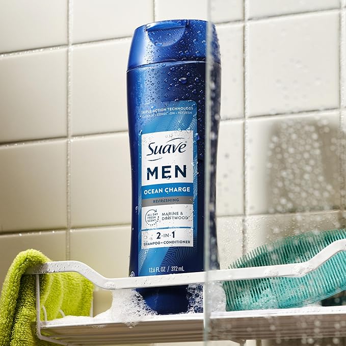 Suave Men Ocean Charge 2 in 1 Refreshing Shampoo & Conditioner with Pro Vitamin B5, Hydrates & Revitalizes Hair, Ocean Fresh Scent, 6 Count, 12.6 FL OZ