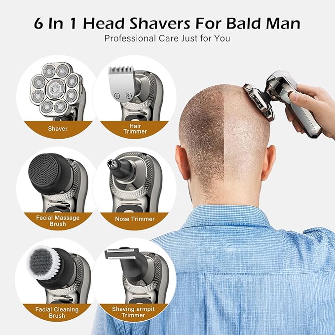 9 Floating Heads Detachable Head Shavers,6 in 1 Electric Razor IPX6 Waterproof for Bald Men, Wet Dry Mens Grooming Kit,LED Display Rechargeable 9D Rotary Shaver Grooming Kit with Type-C Charge