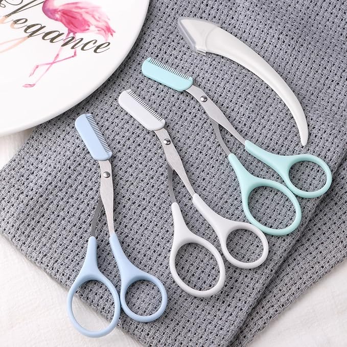 3pcs-Eyebrow Scissors with Eyebrow Razor,Professional Eyebrow Trimmer Scissors with Comb,Non Slip Finger Grips Eyebrow Trimmer, Hair Removal Beauty Accessories for Men Women (Green,Blue,white)