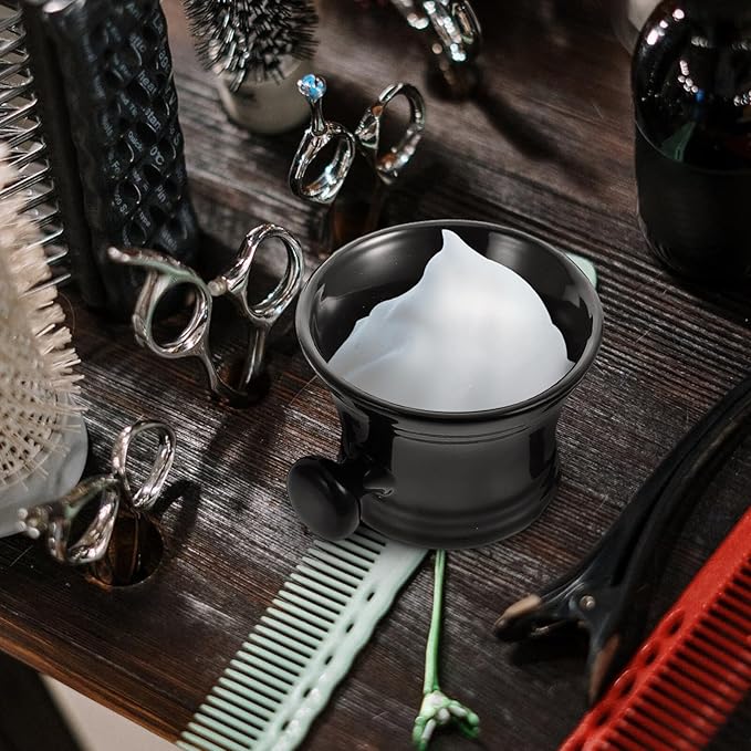 PartyKindom Ceramic Shaving Soap Bowl with Handle Black Men's Shaving Cream Foaming Cup for Barber Shop Use Practical Lather Container