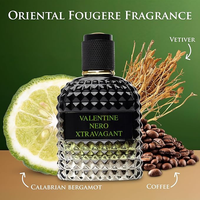 Valentine Nero Xtravagant for Men - Oriental Fougere Fragrance - Top Notes of Calabrian Bergamot & Espresso Coffee Accord - Base Scents of Refined Vetiver - Elegant 100ml Bottle, Parfume for Men