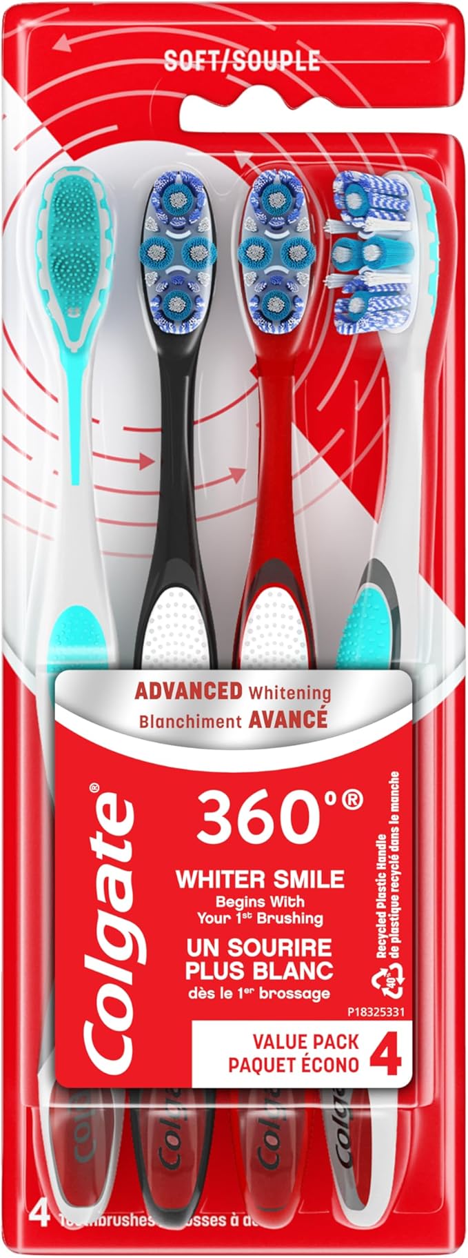 Colgate 360 Advanced Whitening Soft Toothbrush Pack, 4 Adult Soft Toothbrushes with Cheek and Tongue Cleaner, Helps Clean Your Teeth, Tongue, Cheeks, & Gums, 4 - Pack