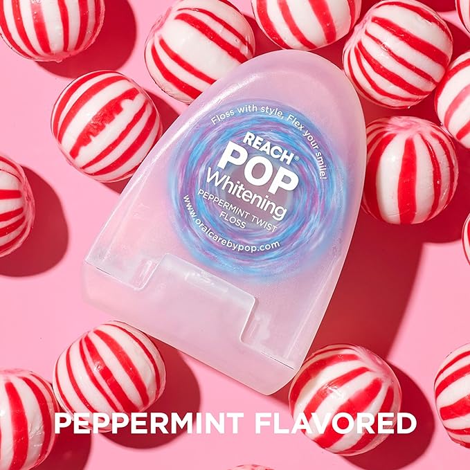 REACH POP Whitening Dental Floss, Peppermint, Baking Soda Infused, Teeth Whitening, Plaque Remover for Teeth, Shred Resistant, Vegan Wax, Cruelty Free, Oral Care, PFAS Free, 54.6 yd, 2 Pack