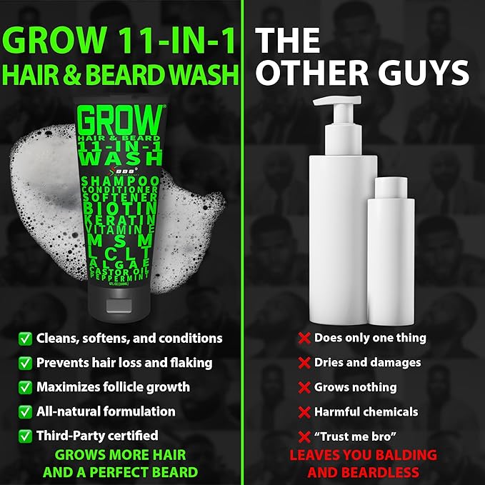 Beard Wash Shampoo & Conditioner 11-in-1 – GROW Hair & Beard Growth Wash with Biotin, Castor Oil, Peppermint & Keratin – Supports Thicker Hair & Beard Growth