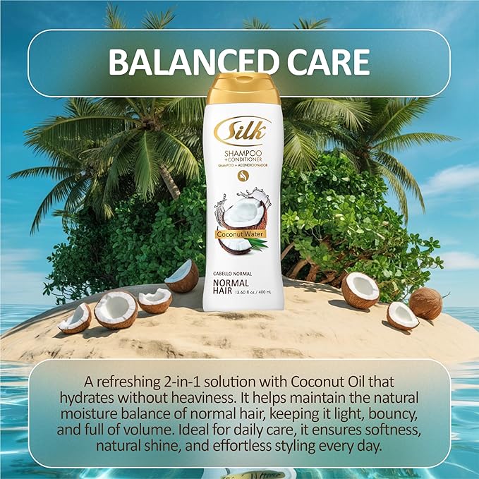 SILK 2 in 1 Shampoo and Conditioner for Normal Hair – Moisturizing Wash with Coconut Oil – Anti-Frizz, Detangling & Smoothing for Men & Women – Coconut Water Scent, 13.6 fl oz (Pack of 2)