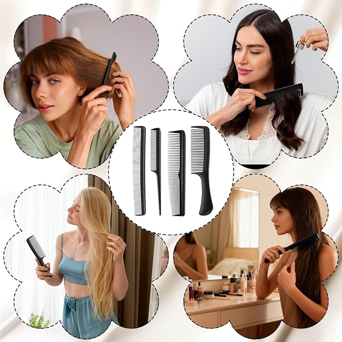 4 PCS Professional Black Combs Set for Women, Stylist Rat Tail Mens Beard Mustache Combs Fine Tooth for All Hair Types, Premium Hair Comb for Teasing and Parting, Everyday Styling