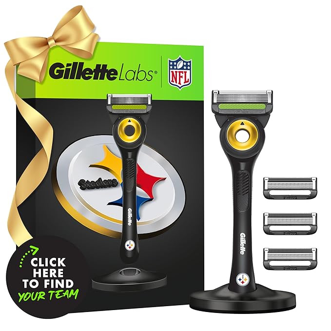 Gillette Labs Special NFL Steelers Edition Shaving Razor for Men - 1 Handle, 4 Razor Blade Refills & Magnetic Stand, Holiday Gifts for Men, GilletteLabs with Exfoliating Bar