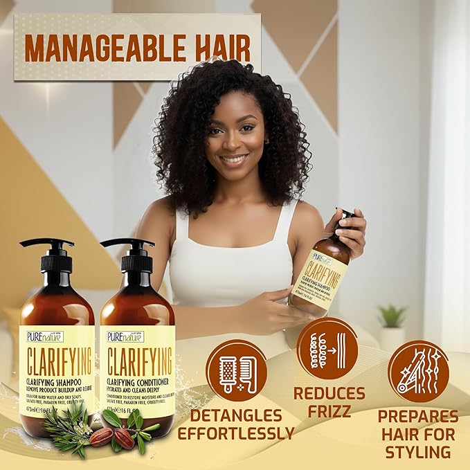 Clarifying Shampoo and Conditioner Set - Sulfate Free Hair Care Products for Women and Men - Deep Cleansing for Oily Scalp - Ideal for Swimmers - 16 Fl Oz (Set of 2)
