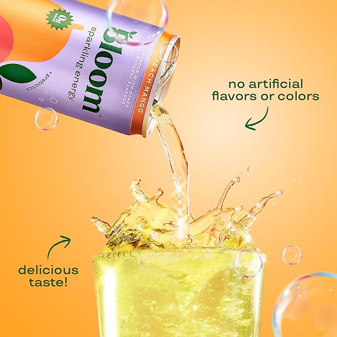 Bloom Nutrition Sparkling Energy Drink, Peach Mango | Zero Sugar | 180mg Caffeine | For Focus | 24 Pack