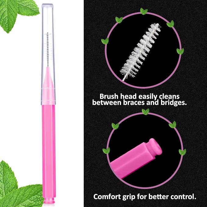 Patelai 100 Pieces Braces Brush for Cleaner Interdental Brush Toothpick Dental Tooth Flossing Head Oral Dental Hygiene Flosser Toothpick Cleaners Tooth Tool(Pink,Portable Size)