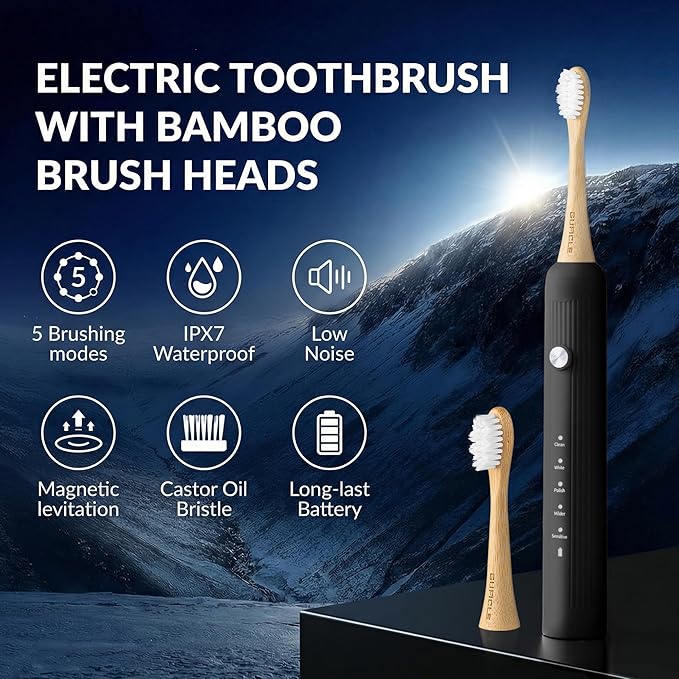 Bamboo Electric Toothbrush for Adults, Electric Toothbrush with 4 Bamboo Heads, Soft Castor Oil Bristles, 5 Modes, Smart Timer, Sonic Technology, IPX7 Waterproof, 70-Day Battery Life-Black