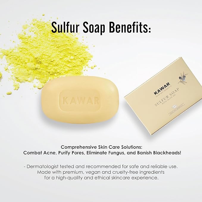 KAWAR Dead Sea Sulfur Soap with Olive Oil, Relief Skin Conditions Such as Acne, Psoriasis, Eczema & Blackheads, for Oily to Normal Skin, Vegan Soap Bar for Men & Women, 4.2 oz (Pack of 2)