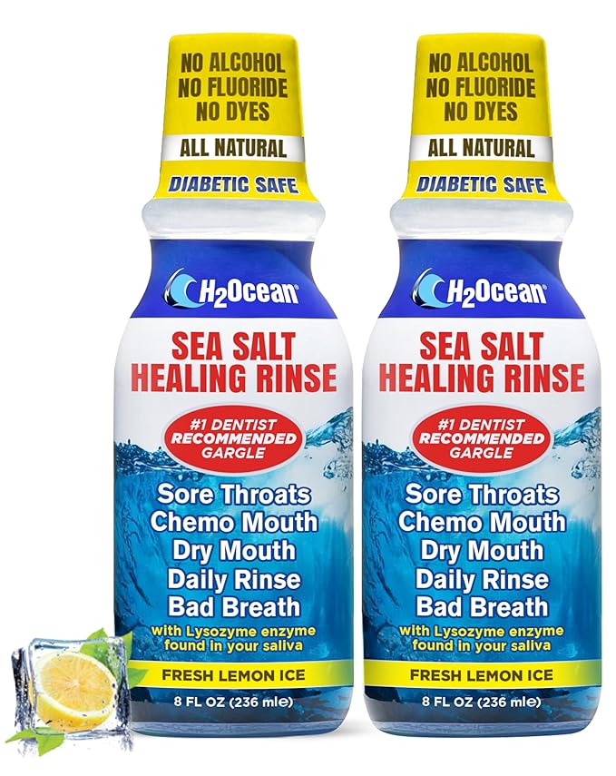H2Ocean Healing Rinse Natural Sea Salt Whitening Mouthwash - Alcohol & Fluoride-Free Oral Care for Tonsil Stones, Sore Throats, Wisdom Teeth Recovery & Gum Health - Lemon Ice, 8 oz (Pack of 2)