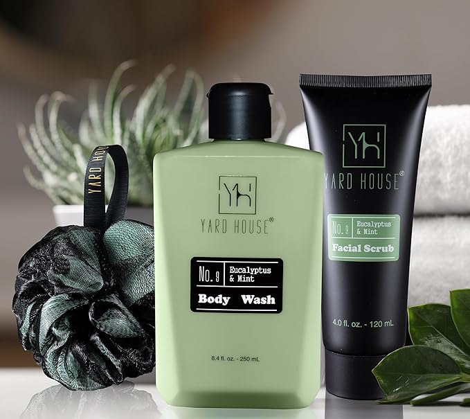 Mens Luxury Bath and Body Gift Set For Him - Skin Care Kit in Eucalyptus and Mint - Fathers Day Birthday Christmas Gifts Ideas For Men - 7Pcs Set w. Full Size Items in Leather Toiletry Bag
