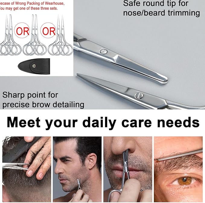 Eyebrow & Rounded Tips Nose Hair Scissors with Carrying Pouch for Men Women,Stainless Steel Small Scissors for Grooming Brow, Beard, Mustache, Eyelashes, Ear Hair,Hair Cutting (Silver)