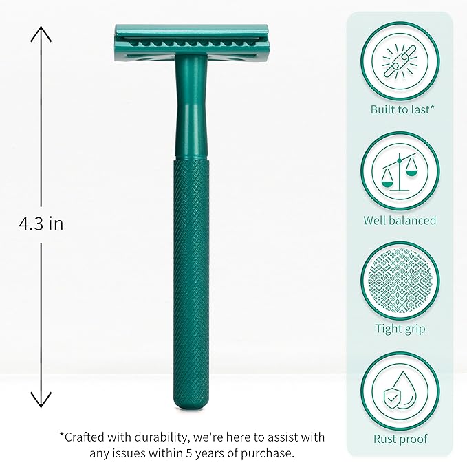 Bambaw Men Safety Razor with 5 Double Edge Safety Razor Blades, Single Blade Razor for Men & Women, Plastic Free Stainless Steel Razor - Sea Green