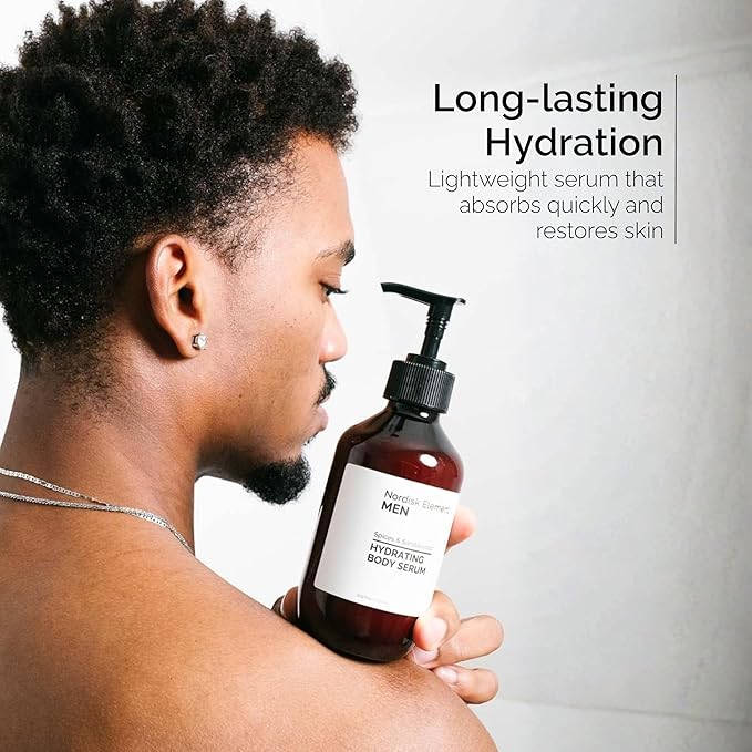 Nordisk Element Body Serum for Men, 9.13 Fl Oz | Lightweight & Instant Hydrating Serum with Hyaluronic Acid, Antioxidants & Nordic Botanicals | Vegan, Spices & Sandalwood Scent