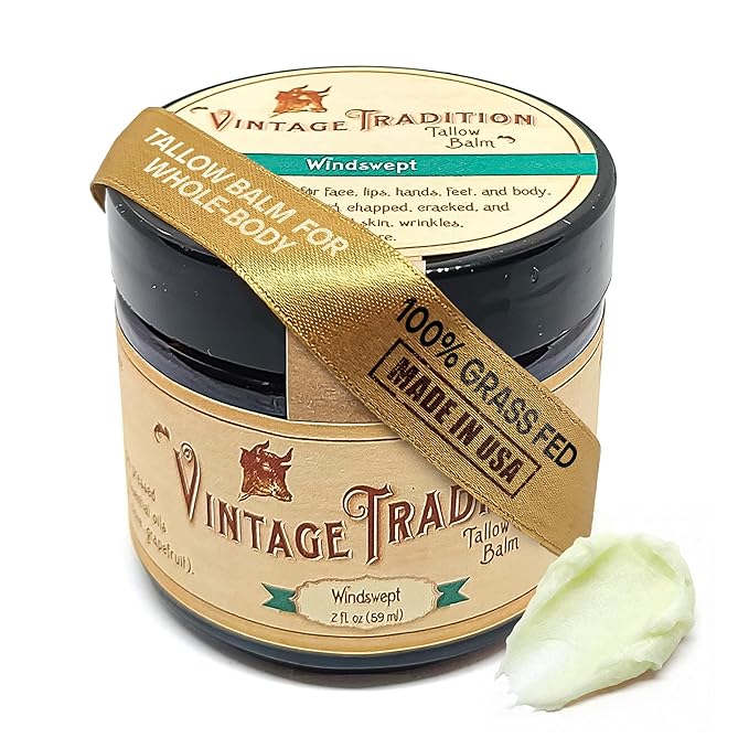 Vintage Tradition Beef Tallow All Purpose Balm - Healing, Hydrating Weather-Protecting Skin Care Salve Replaces Body Lotion, Hand Cream, More - Essential Oil, Olive Oil, and Grass-Fed Tallow, 2 fl oz.