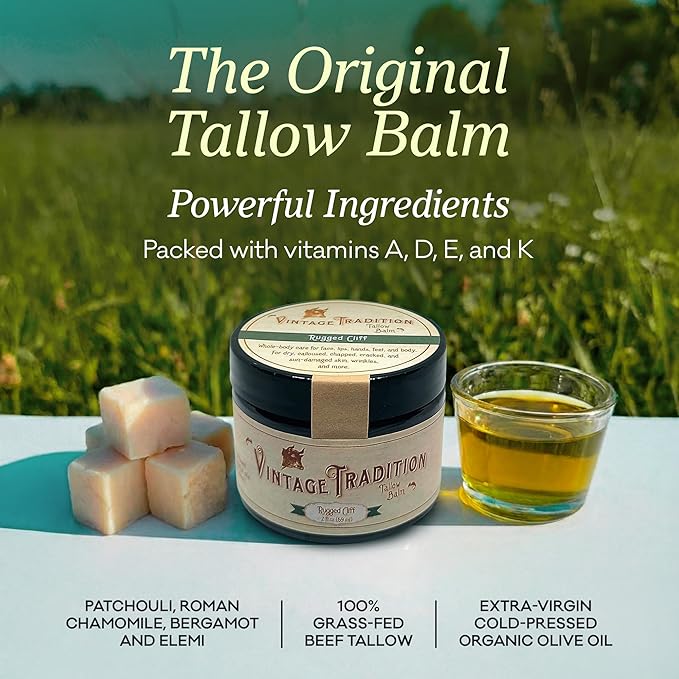 Vintage Tradition Beef Tallow All Purpose Balm - Healing, Hydrating Musk Skin Care Salve Replaces Body Lotion, Hand Cream, More - Essential Oil, Olive Oil, and Grass-Fed Tallow, 2 fl. oz.