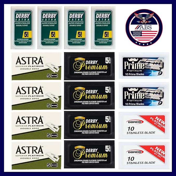 Double Edge Safety Razor Blades Sampler Pack for Men-Includes 3 Top Global Brands: Dorco Astra Derby-Comfortable Shaving –Fits All Double Edge Safety Razors (100)