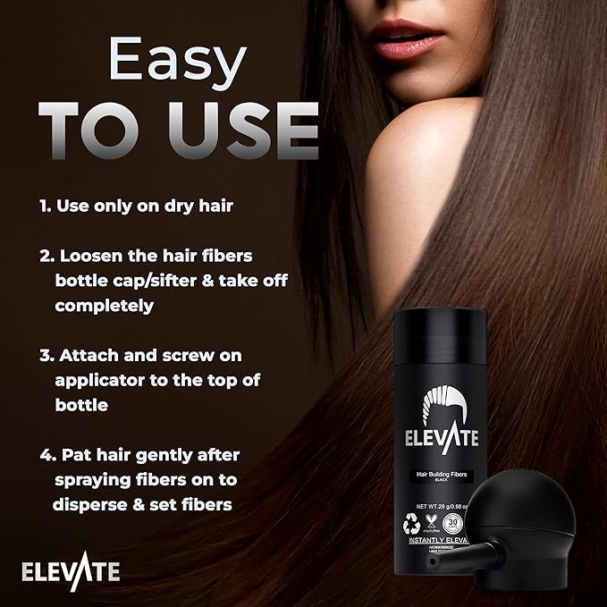 ELEVATE Hair Perfecting 2-in-1 Kit | Set Includes Natural Hair Thickening Fibers & Spray Applicator Pump Nozzle | Instantly Conceal & Thicken Thinning Balding Areas in Seconds Men & Women (Black)